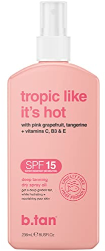 b.tan SPF 15 Deep Dry Spray Tanning Oil | Tropic Like It's Hot - Keeps Skin Hydrated & Hot from Grapefruit, Tangerine, Vitamins C, B5, E, A, 8 Fl Oz