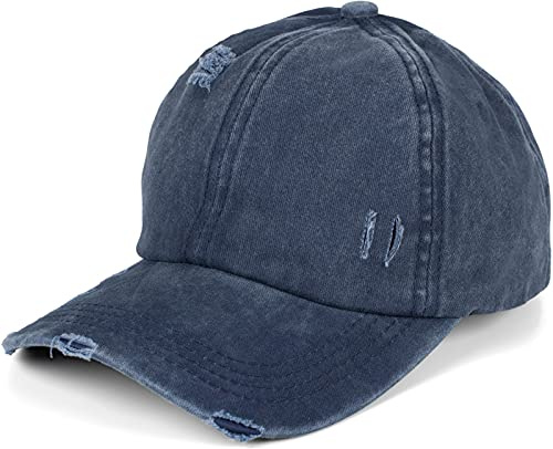 styleBREAKER Damen Baseball Cap im Washed Destroyed Used Look, Ponytail, 6-Panel, Klettverschluss verstellbar 04023080, Farbe:Jeansblau