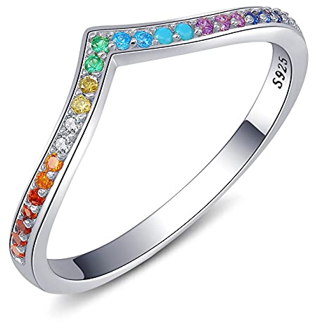 Qings 925 Sterling Silber V-Form Ring, Bunte Zirkonia Finger Stapelbar Ring Eheringe Verlobungs Ringe Jubiläum Geburtstags Geschenk für Damen Mädchen