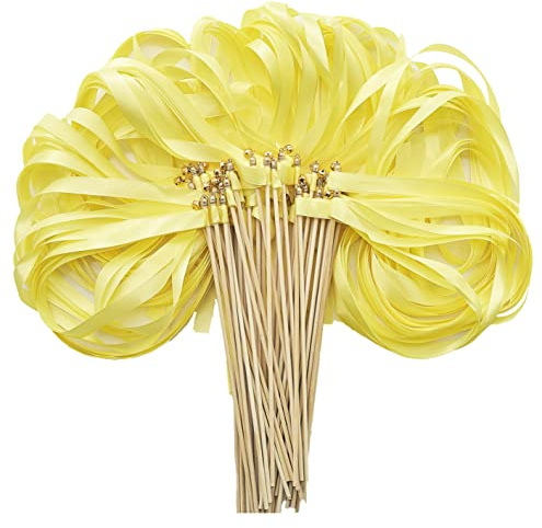 50pcs Ribbon Stick Wands Yellow Streamers with Gold Bells Fairy Stick for Wedding Party Favors for Guests