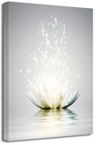 LZIMU Lienzo Zen para pared, arte de flor de loto blanco floreciendo en el agua, impresiones decoración de pared, pintura gris enmarcada, para yoga, spa, meditación, decoración espiritual de