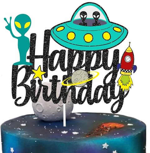 Alien Cake Topper Happy Birthday Space UFO Rocket Ship Decoration, Universe Theme Party, Baby Shower, or Theme Birthday Party Planet Decoration for Boys and Girls, Birthday Gift for Kids. SugarGera
