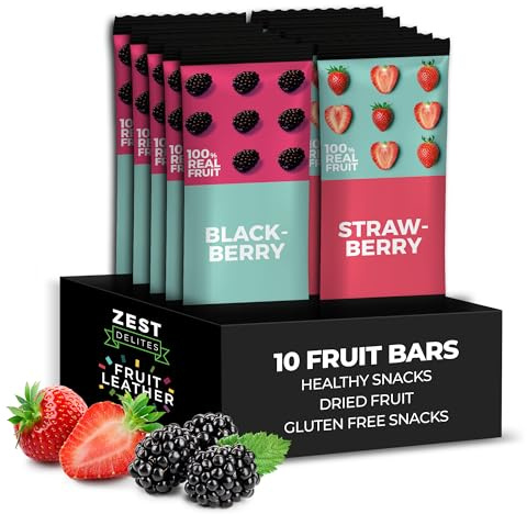 Zest Delites Beeren Fruchtriegel Snackbox, Einzeln Verpackte Süßigkeiten, Glutenfreie und Vegane Lebensmittel, Erdbeere, Brombeere, 25g Packung mit 10 Stück, Zuckerfreie Fruchtleder