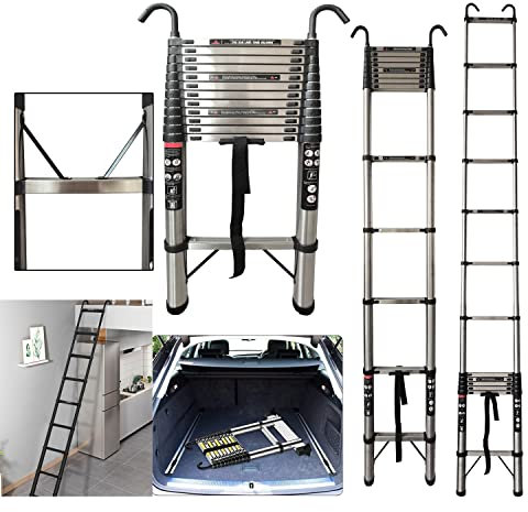 HSHa Telescopic Ladder 16.4FT/5M Multi-Purpose Folding Steel Telescoping Ladder with Stabilizer Bar & Detachable Hooks, Black+Silver