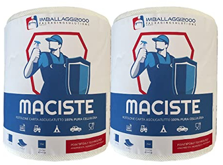 IMBALLAGGI 2000 - Maciste Rotoloni Asciugatutto 6 Pz x 250 Strappi 20x22 cm, Carta Cucina 2 Veli in Cellulosa Assorbente Bobina 20Hx18Ø cm, Rotoli Carta Casa ad Uso Domestico, Panno per Pulizia Cucina