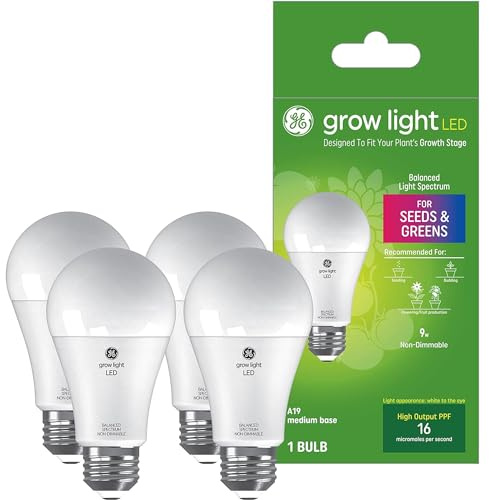 GE Grow Lights for Indoor Plants, A19 LED Light Bulbs for Seeds and Greens with Balanced Light Spectrum, White Indoor Plant Light, 25,000 Hours Lifespan, 16 PPF, 4 Pack (Packaging May Vary)