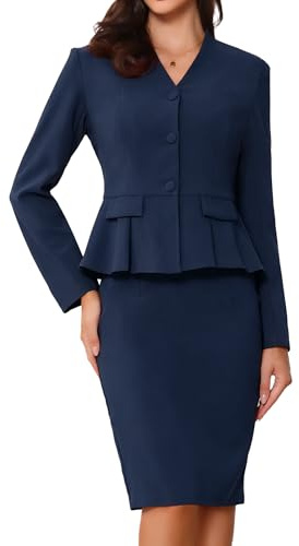 Allegra K Business 2 Piece Suit Set for Women's Long Sleeve Collarless Peplum Blazer Pencil Skirts Dark Blue M