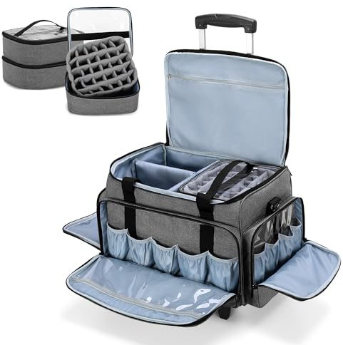 Luxja Sac Organisateur à Roulettes de Vernis à Ongles pour 90 Bouteilles et une Lampe à Ongles, Sac pour Rangement Vernis à Ongle avec Chariot Détachable, Étui pour Vernis à Ongles, Gris