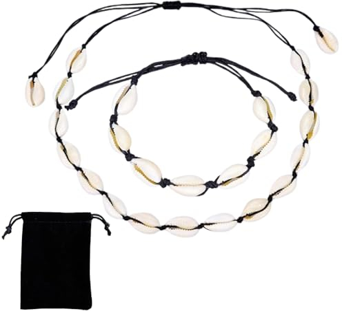 Pamtns 2 Stück Muschelkette Armband Set Muschel Halskette Natürliche Muschel Fußkettchen Muschelarmband Muschel Häkeln Knöchel Fußkettchen Verstellbares Armband mit Samtbeutel Sommer Strand Parteien