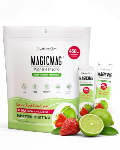 NaturalSlim MagicMag Sticks Citrato de Magnesio en Polvo con Carbonato de Magnesio, Suplemento Alimenticio para Relajación, Descanso Nocturno y Bienestar Diario, Sabor Fresa y Limón, 30 Sobres