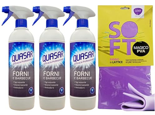 SET QUASAR: 3x Detergente Spray FORNI & BARBECUE, Sgrassante, Disincrostante e Antiodore 580ml + Panno In Lattice SOFT, Formato 30x30