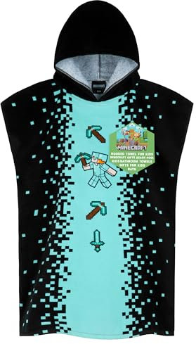 Minecraft Bath Towel with Hood for Kids and Teenagers Changing Robe Absorbent Creeper Poncho Towel for Swimming Bath Shower Beach Holiday Essentials (Black/Blue, 10-13 Years)