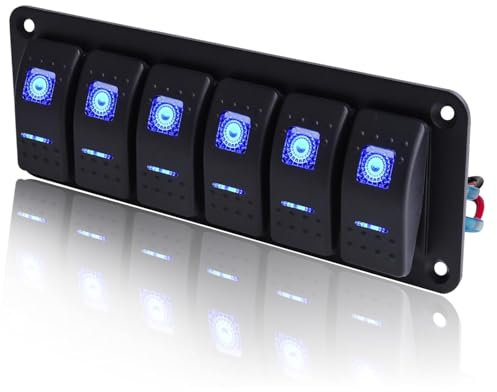 Greluma 1 pz Pannello interruttori bilanciere a 6 bande, interruttore levetta, interruttore a bilanciere precablato DC 12V-24V ON/Off, interruttore retroilluminato blu per auto, barca, auto e veicoli