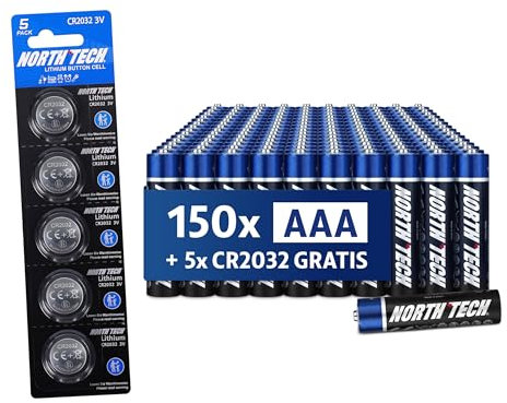 North Tech AAA Batterien Ultra Alkaline – 150 Stück (1200 mAh) + 5× CR2032 | 1,5V Energiequelle für Hochstromgeräte | Hochleistungsfähig, auslaufsicher & langlebig I 10 Jahre Haltbarkeit