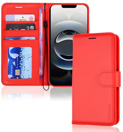 TECHGEAR iPhone 16e / 17e Leather Wallet Case with RFID Blocking, Flip Cover Card Holder, Stand & Wrist Strap - Magnetic Closure Red PU Leather Protective Cover for iPhone 17e / 16e