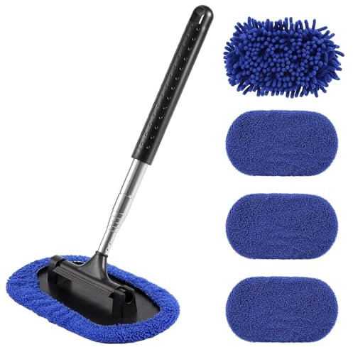 NCOALE Car Windscreen Cleaner Tool, 180° Rotating Head Windshield Cleaner Tool Extendable Window Cleaning Kit Demister Tool with 4 Cleaner Pads