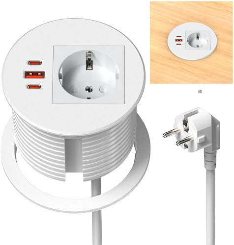 Inbyggt uttag med USB-C PD 35 W & USB-A 30 W, Sewingvr bordsuttag för kök och kontor, sänkbart uttag med 3 USB-portar och 1,8 m kabel, vit