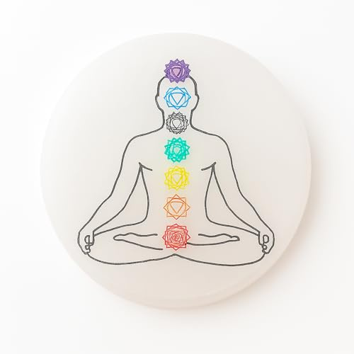 Placa redonda de Selenita Natural, 10 cm, Disco de carga circular cristal con Grabados Místicos, para Meditación y Energía, Nudo de Bruja, 7 Chakras, Flor de la Vida (7 Chakras)