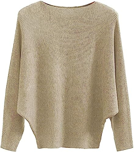 Etyepoh Womens Jumper Boat Neck Batwing Sleeve Casual Knitted Baggy Pullovers Sweater Tops (1-Khaki)