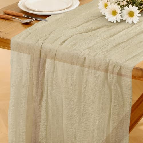 Mode Boho Tischläufer Hellbeige, 280 X 80 cm Tischläufer aus Käsetuch Waschbar Rustikaler Läufer für Hochzeit, Silvesterparty, Babyparty, Brautparty Küche Tisch Dekoration