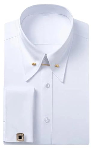 Men's French Style Long Sleeve Shirt with Collar Pins Big Collar Dress Shirt for Business Formal Wear