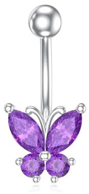 Reaii Natural Amethyst Butterfly Belly Button Ring for Women 14G 925 Sterling Silver Genuine Amethyst Belly Button Ring Female Navel Piercing Jewelry Gifts