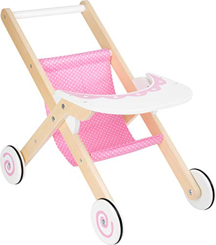 Small Foot Puppenbuggy Pink aus Holz mit gummierten Reifen, mit Ablagebrett, Puppenzubehör für Kinder ab 3 Jahren, 10741