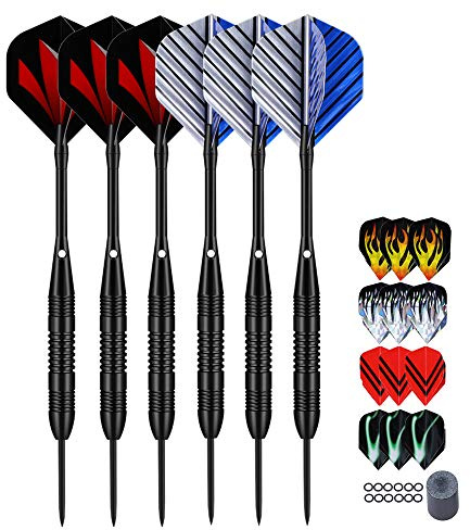 LARRITS Professional Steel Tip Darts Set – 6/12 Pack, 23g Darts with Black Aluminium Shafts, 18-Piece Flight Combo, 12 Rubber O‑Rings, Dart Sharpener– Durable, Precise Levels