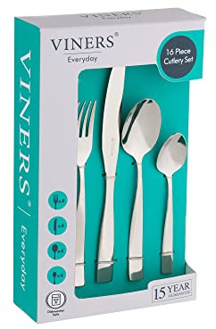 Viners Everyday Purity Cutlery Set | 18/0 Stainless Steel | Set of 16 Pieces | Silver Mirror Finish | Serves 4 | Dishwasher Safe | Gift Box