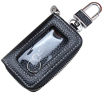 Funda de cuero para llave de coche, billetera y llavero con cremallera, funda de piel transparente para hombres y mujeres, negro
