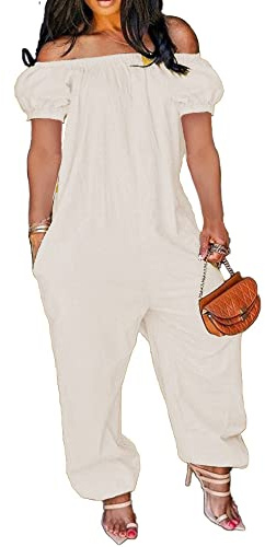 MESLIMA Womens One Shoulder Short Sleeve Oversize Rompers Solid Color Casual Long Pants Jumpsuits Loungewear White XL