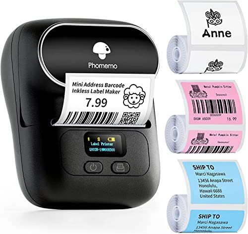Phomemo M110 Etikettendrucker,Bluetooth Beschriftungsgerät Selbstklebend Etikettiergerät Tragbarer Labeldrucker Label Printer für Barcode Aufkleber Drucker mit 3 Rolle40x30mm Etiketten,Schwarz