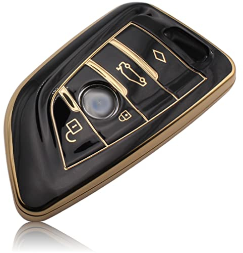 FOAMO Autoschlüssel Hülle kompatibel mit BMW 3-4-Tasten (nur Keyless-Go) - TPU Schutzhülle Cover Schlüssel-Hülle in Schwarz-Gold