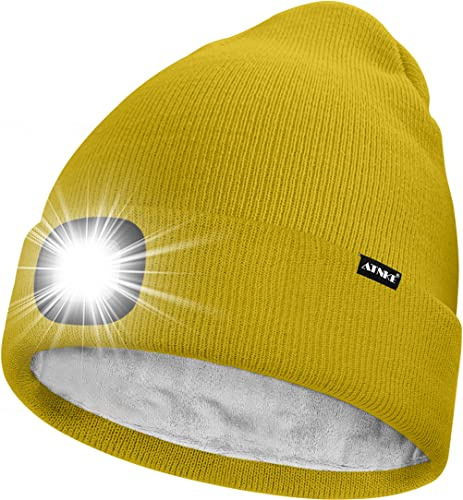 ATNKE LED-mössa med ljus, uppladdningsbar USB 4 LED-upplyst löparmössa, extremt ljus lampa, vinter, varm fodrad fleece, stickad mössa för män och kvinnor, presenter, GUL, one size