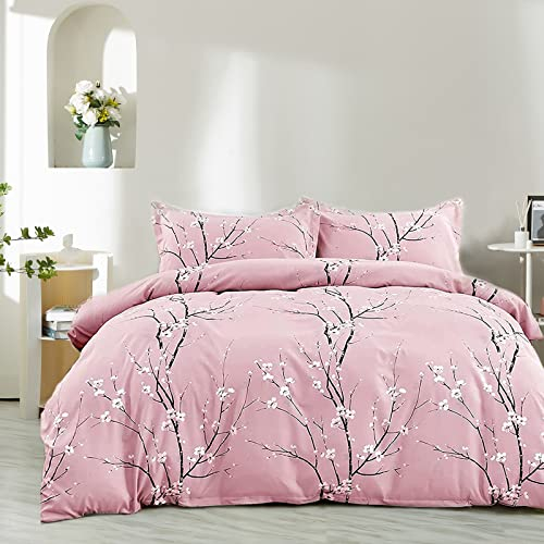 Nyescasa Bettwäsche 135x200 4 Teilig Rosa Blumen Botanisch Muster Bettwäsche-Set Blume Zweig Design Wendebettwäsche Weiche Mikrofaser 2 Bettbezug mit Reißverschluss und 2 Kissenbezug 80x80cm