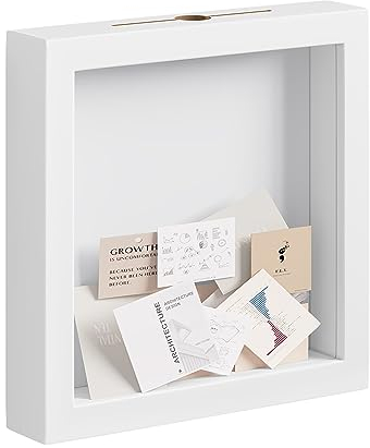 EUGAD Cornice Profonda, Cornice 3D 30x30 cm per Oggetti Fino a 3 cm, Portafoto da Parete/Tavolo con Fessura, Espositore per Medaglie, Monete, Fiori Secchi, in Legno e Plastica, Bianco