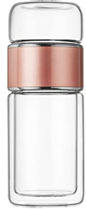 HERCHR Bouteille infuseur à thé 420 ml, 7x7x23.5cm/2.8x2.8x9.3 pouces double paroi en acier inoxydable et verre gobelet de voyage anti-fuite pour le bureau les voyages et la maison (or rose)