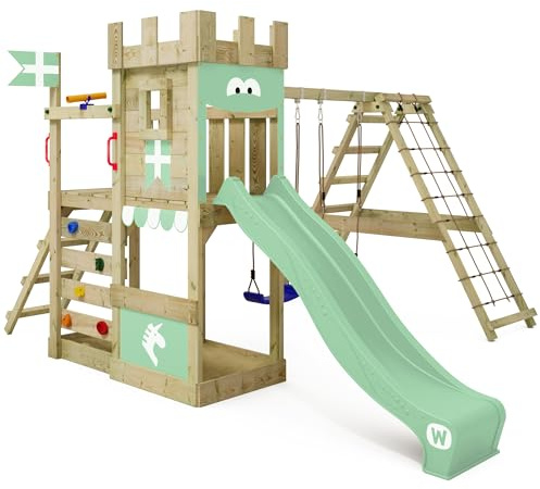 WICKEY Torre de juego con columpio y tobogán verde pastel, torre de escalada para niños con caja de arena, escalera y accesorios de juego para el jardín