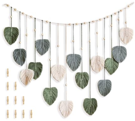 Wondramble Makramee wandbehang,Boho makramee wandteppich,Mit 10 Holzklammer,Wohnzimmer,Schlafzimmer,Büro,WandDekoration(120x75cm) (Grün-1)