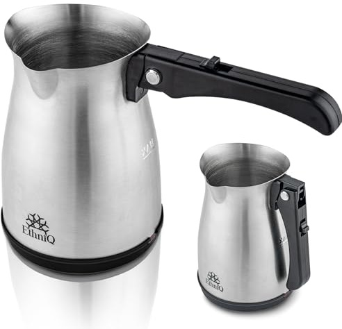ETHNIQ Turkish Coffee Pot - Stainless Steel, 120V, 1 to 4 Cup Capacity, Fast Brewing, Delicious Cup of Turkish, Arabic & Greek Coffee Maker with Foldable Handle for Home & Travel & on-off Button