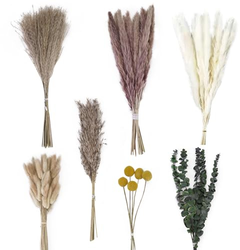 POFIBO Getrocknete Pampasgras Dekoration - 115 Stück Natürliche Pampasgras, Kleines Schilfrohr, Hasenschwanz und Getrockneter Eukalyptus, Pampasgras Deko für Boho Hochzeit Wohnzimmer Schlafzimmer