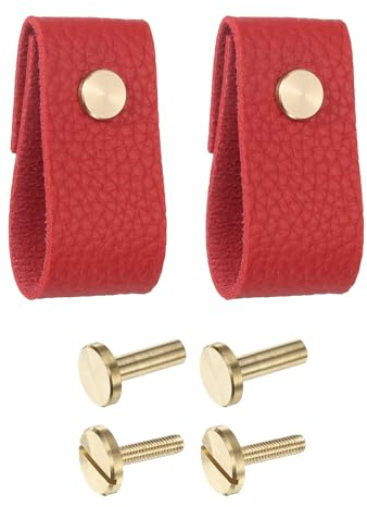 QUARKZMAN Lot de 2 Poignées de Tiroir en Cuir, Remplacement des Boutons Traditionnels pour Tiroir de Commode, Placard, Armoire de Cuisine, Rouge