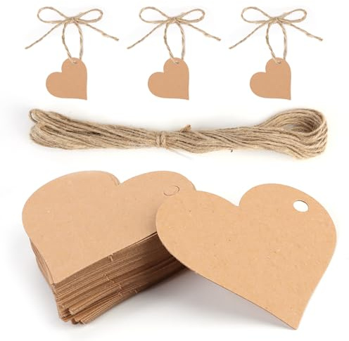 Petits cartons pour dragées, lot de 50 étiquettes en papier kraft en forme de cœur et ficelle de 10 m pour une utilisation comme souvenirs de mariage, emballage de cadeaux, fabrication d'objets