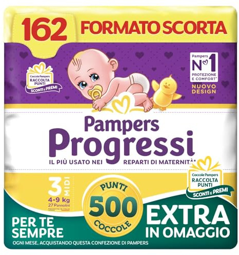 Pampers Progressi Midi, Taglia 3 (4-9 kg), Formato Scorta, Indicatore di Bagnato, Pelli Delicate, Linguette Rinforzate, Anti-Fuoriuscite, 162 Pannolini Neonato + 500 Punti Omaggio