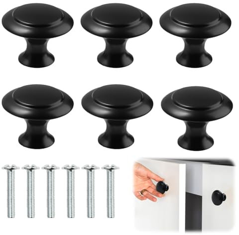 Gments 6 Pack Cupboard Door Knobs Round Mushroom Single Hole Drawer Zinc Alloy Handles Knob with Screws for Home Kitchen Wardrobe Cabinet Drawer Bathroom Garage Office Door Knobs (6, Black)