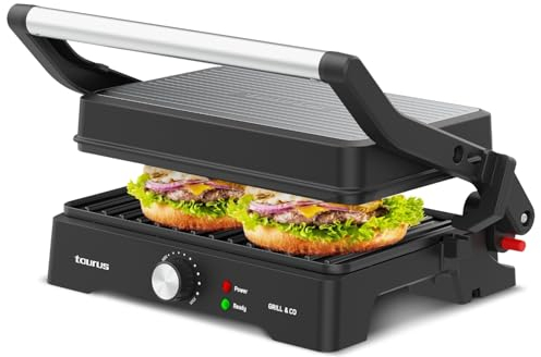 Taurus - Sandwicher Grill&Co GR1500X | 1500W | Placas Antiadherentes 27.5 x 17.3 cm | Tapa Basculante 180º | Termostato Regulable | Base Antideslizante | Bandeja Recoge Grasas