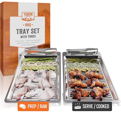 Yukon Glory BBQ Prep and Serve Tray Set, 2 Trays and 2 Tongs, Stainless