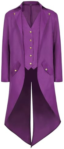 AJGEGJE Steampunk Vintage Coat Men, Medieval Gothic Tailcoat Frock, Victorian Renaissance Halloween Adult Tailcoat (Purple, XXL)