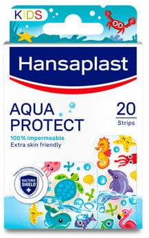 Hansaplast Aqua Protect Apósitos para heridas infantiles, Apósitos impermeables, Almohadilla antiadherente, Transpirables, flexibles y transparentes, 20 unidades