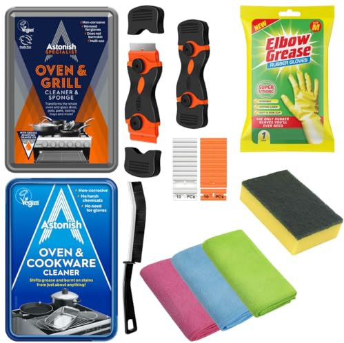 Alimos Kit di pulizia per forno - Detergente per forno e grill, detergente per pentole, 3 panni in microfibra, raschietto antigraffio, spugna per la pulizia, guanti in gomma extra forti (M)
